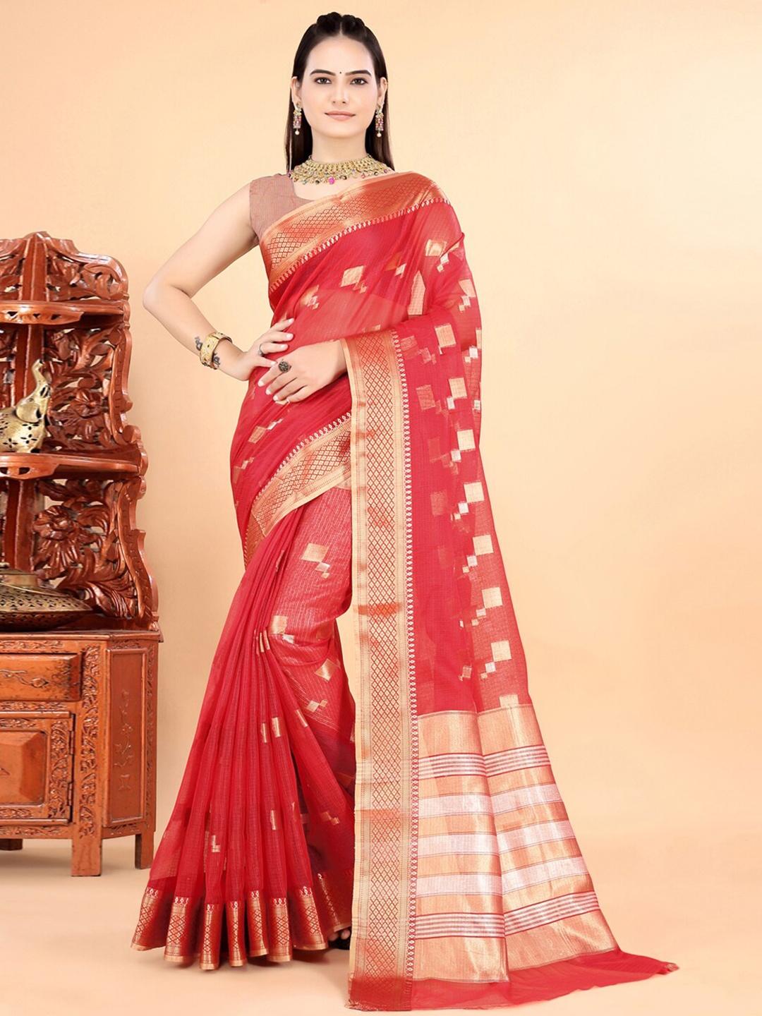 

INsthah Woven Design Zari Pure Silk Saree, Red