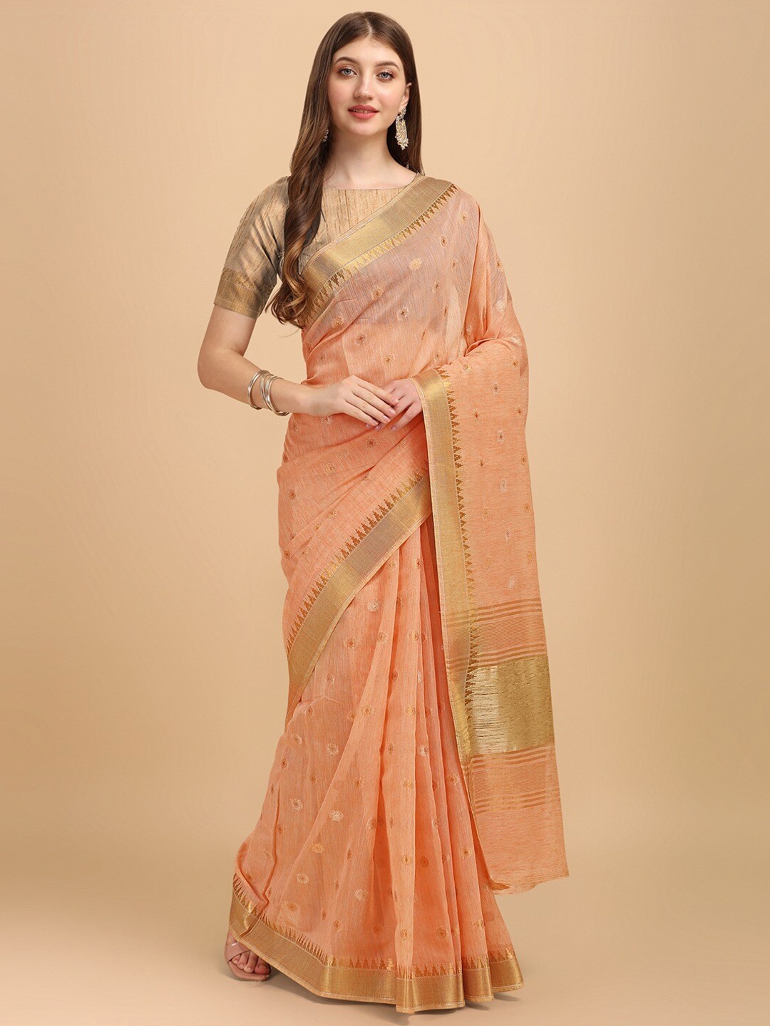 

INsthah Floral Woven Design Zari Pure Linen Banarasi Saree, Peach