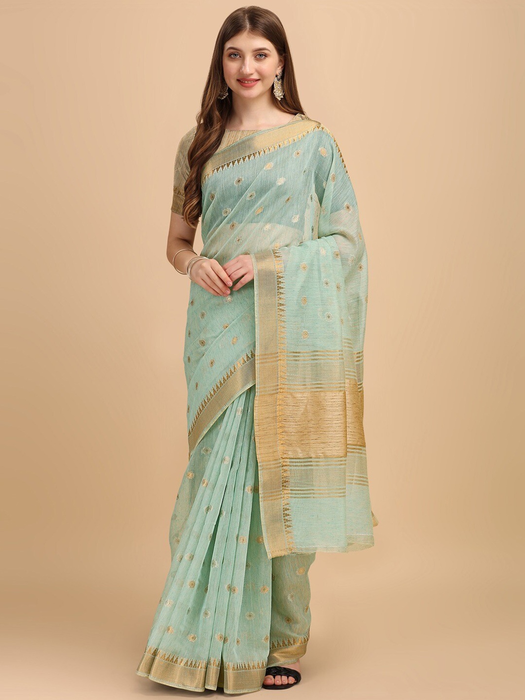 

INsthah Floral Woven Design Zari Pure Linen Banarasi Saree, Green