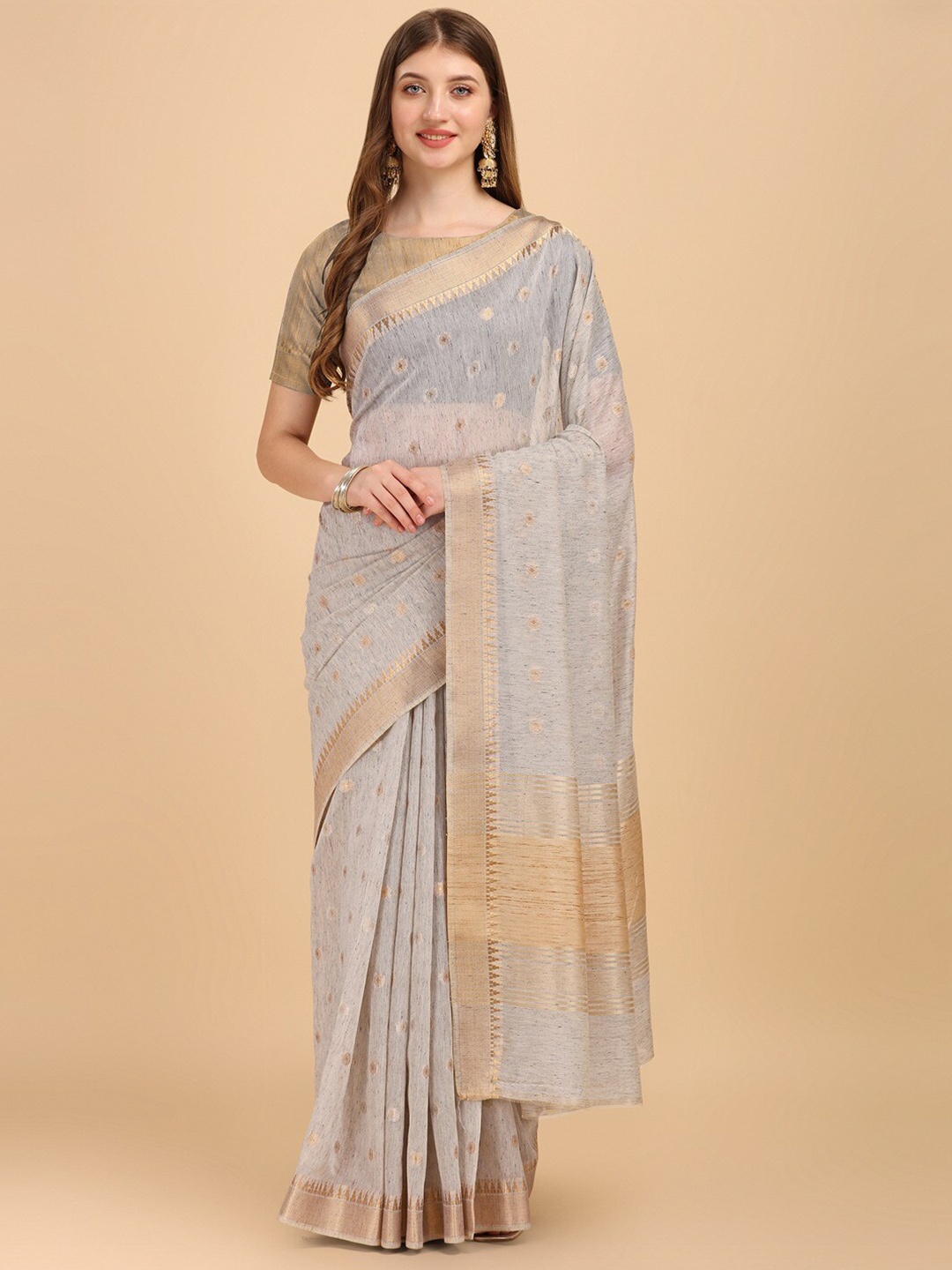 

INsthah Floral Woven Design Zari Pure Linen Banarasi Saree, Grey