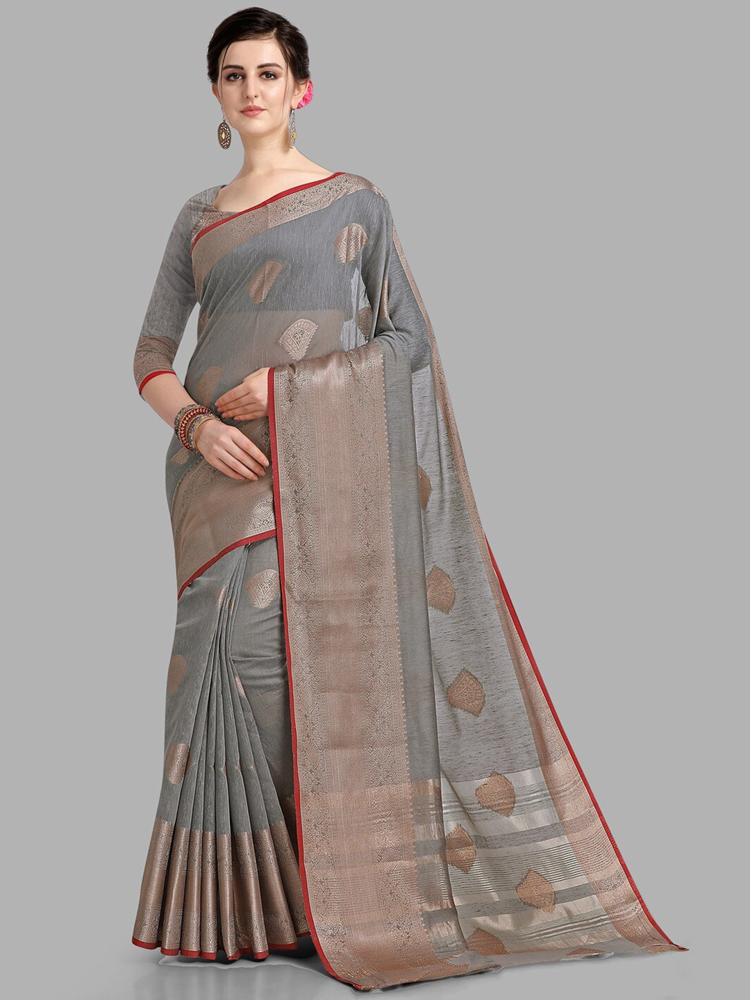 

INsthah Ethnic Motifs Woven Design Zari Pure Linen Khadi Saree, Grey