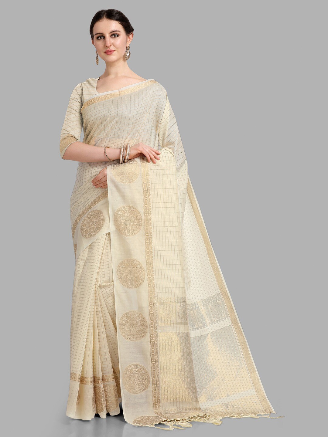 

INsthah Ethnic Motifs Woven Design Zari Silk Cotton Kanjeevaram Saree, Cream