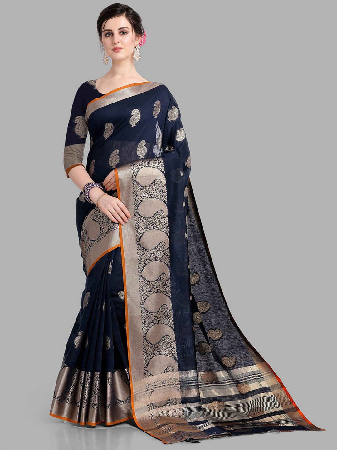 

INsthah Ethnic Motifs Woven Design Zari Pure Linen Khadi Saree, Navy blue