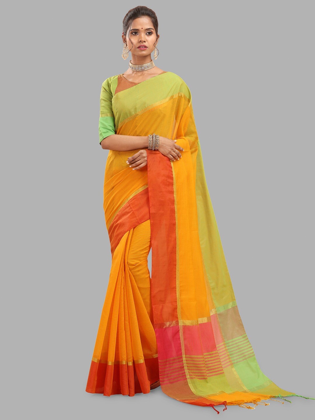 

INsthah Zari Silk Cotton Saree, Yellow