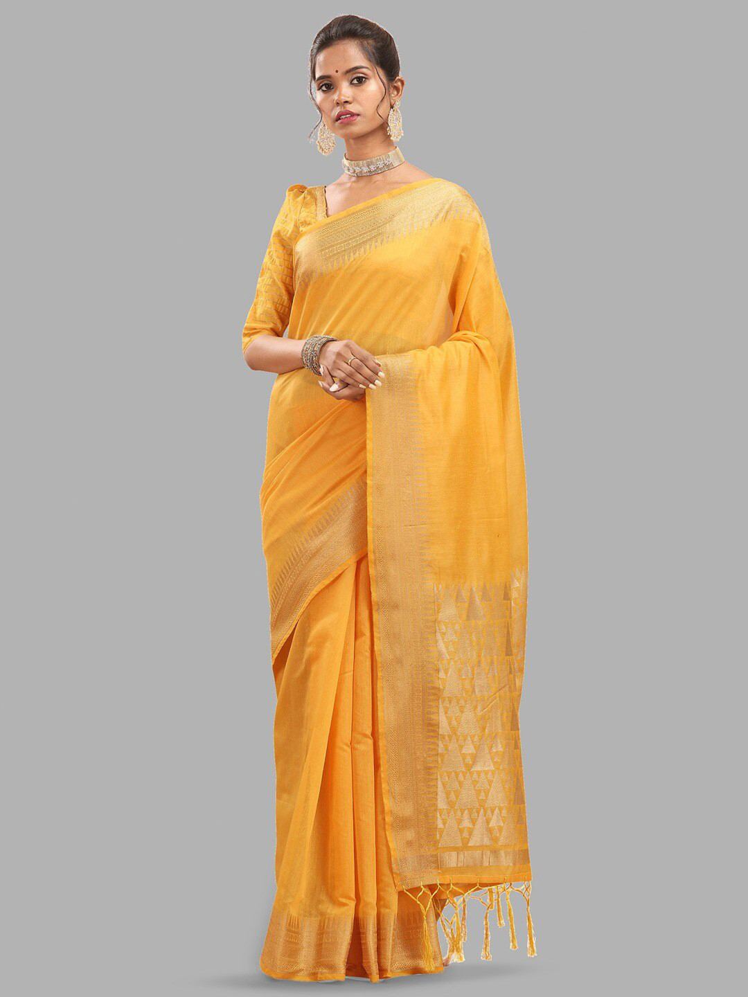 

INsthah Zari Silk Cotton Banarasi Saree With Ethnic Motifs Woven Design Border, Yellow
