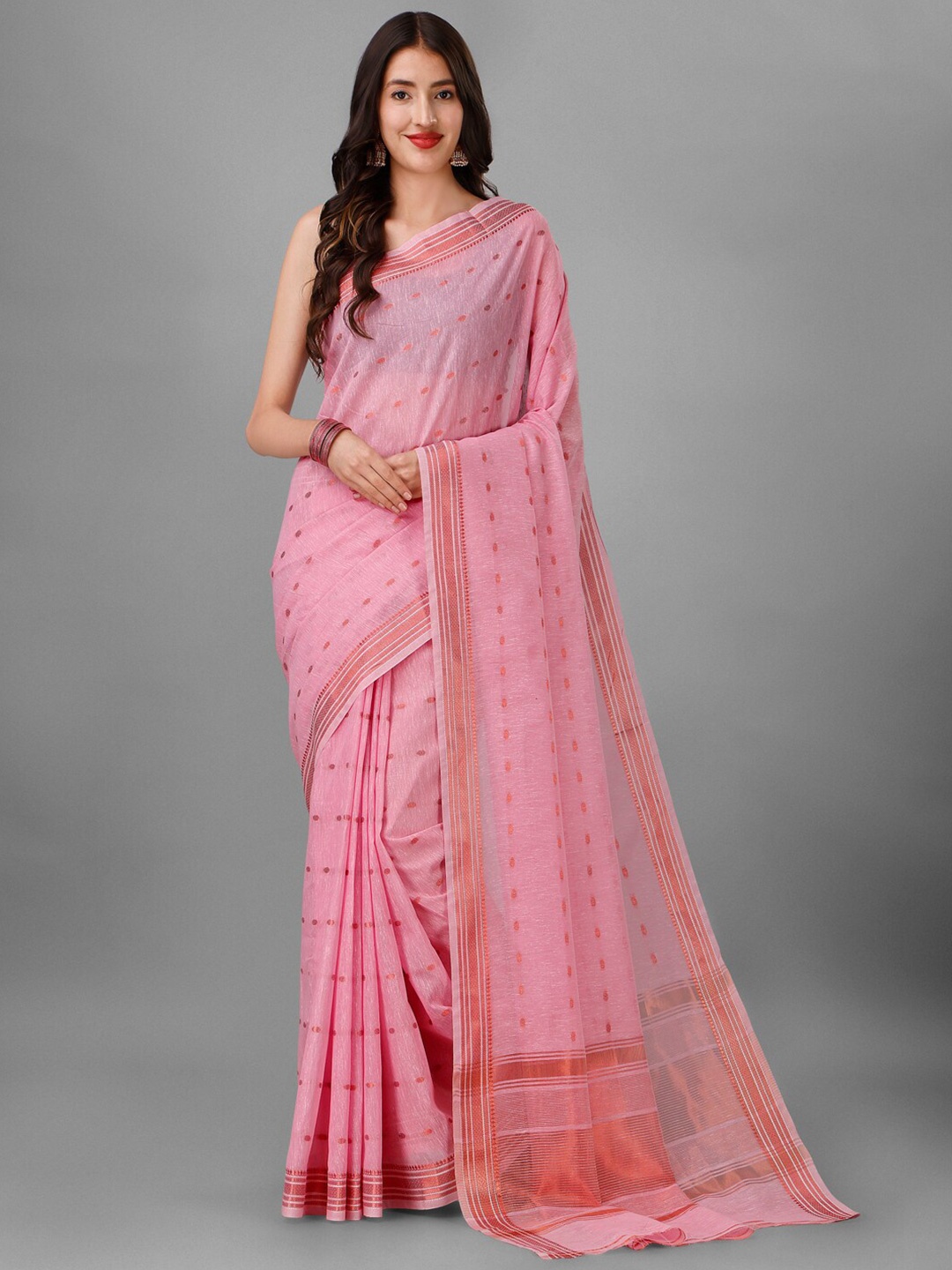 

INsthah Ethnic Motifs Woven Design Zari Pure Linen Banarasi Saree, Pink