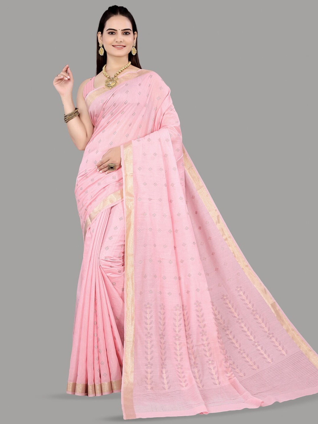 

INsthah Geometric Printed Zari Silk Cotton Saree, Pink