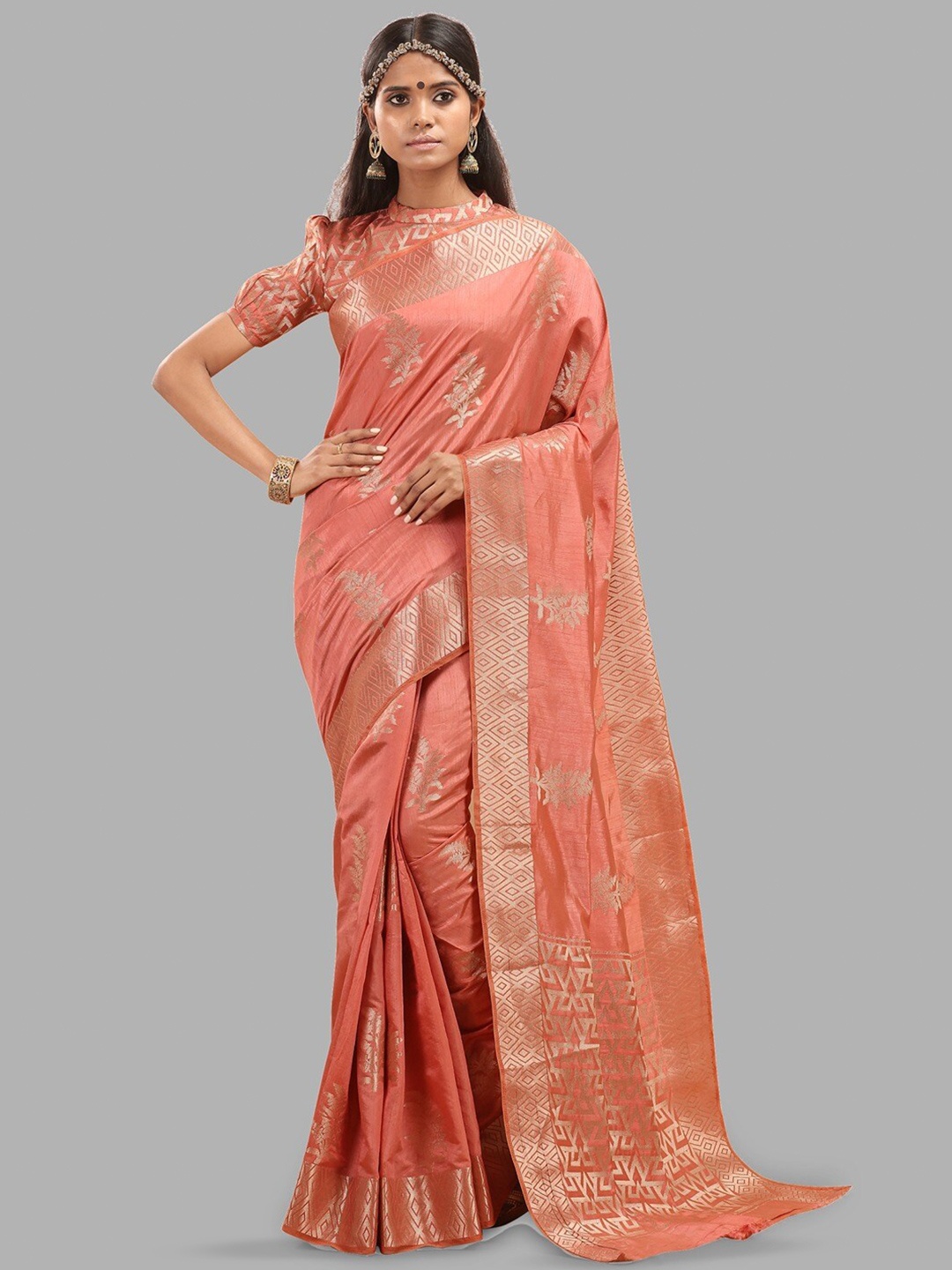 

INsthah Ethnic Motifs Woven Design Zari Detailed Pure Silk Banarasi Saree, Peach