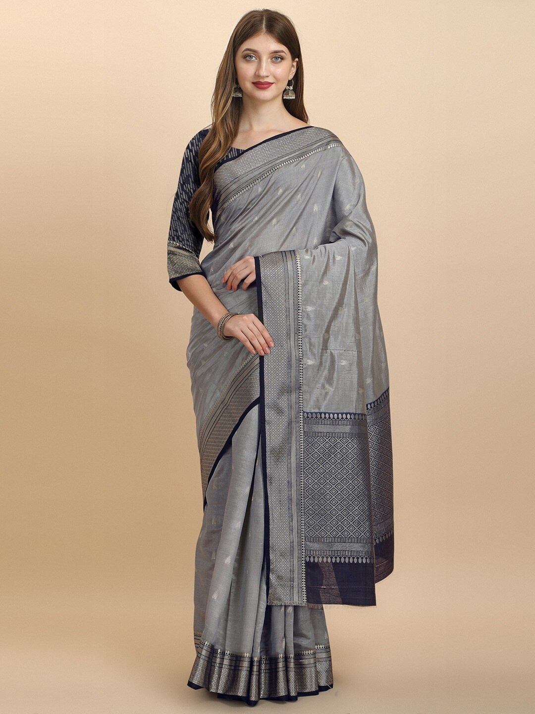

INsthah Woven Design Zari Pure Silk Banarasi Saree, Grey