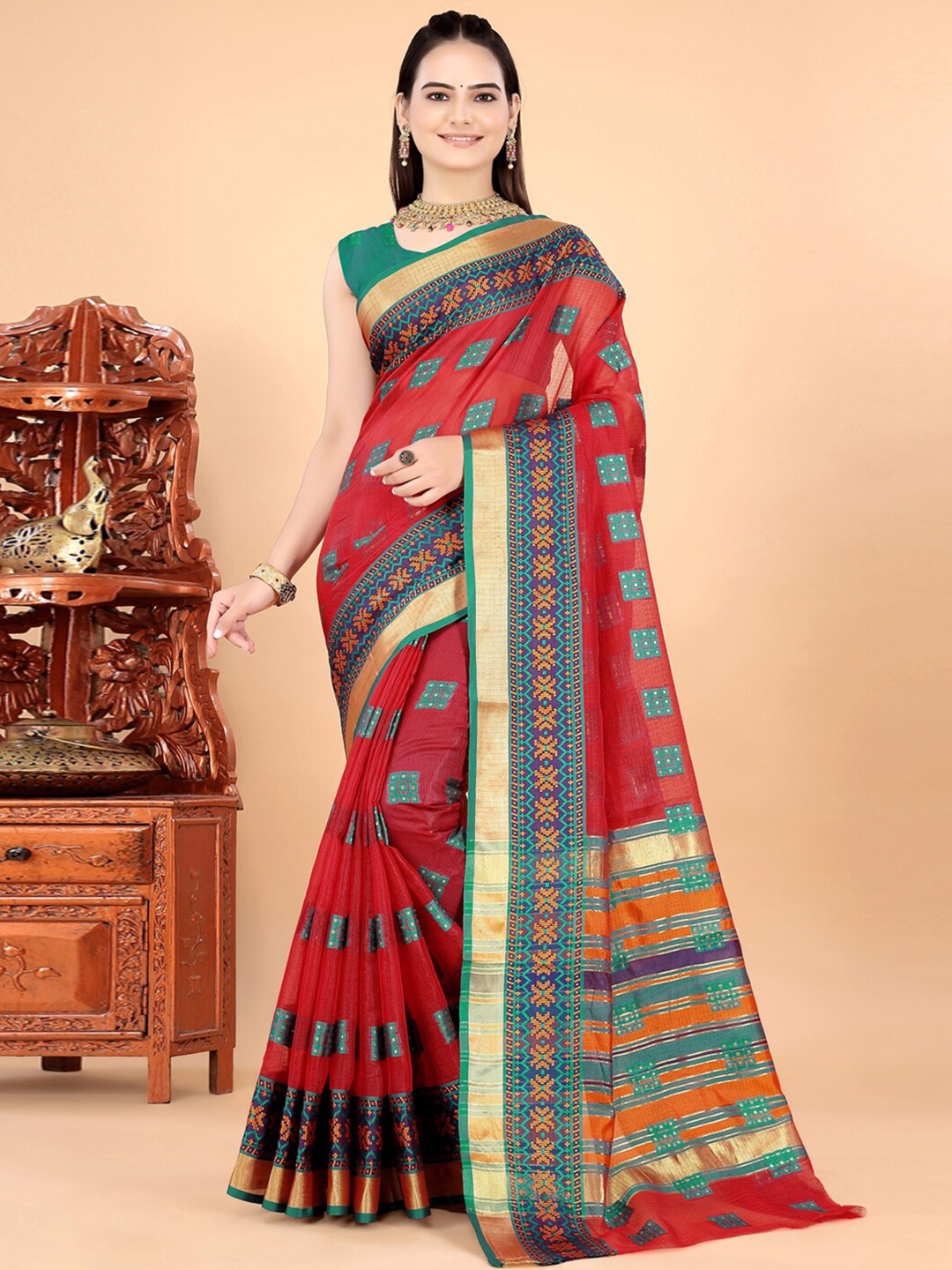 

INsthah Ethnic Motifs Woven Design Zari Pure Silk Maheshwari Saree, Red