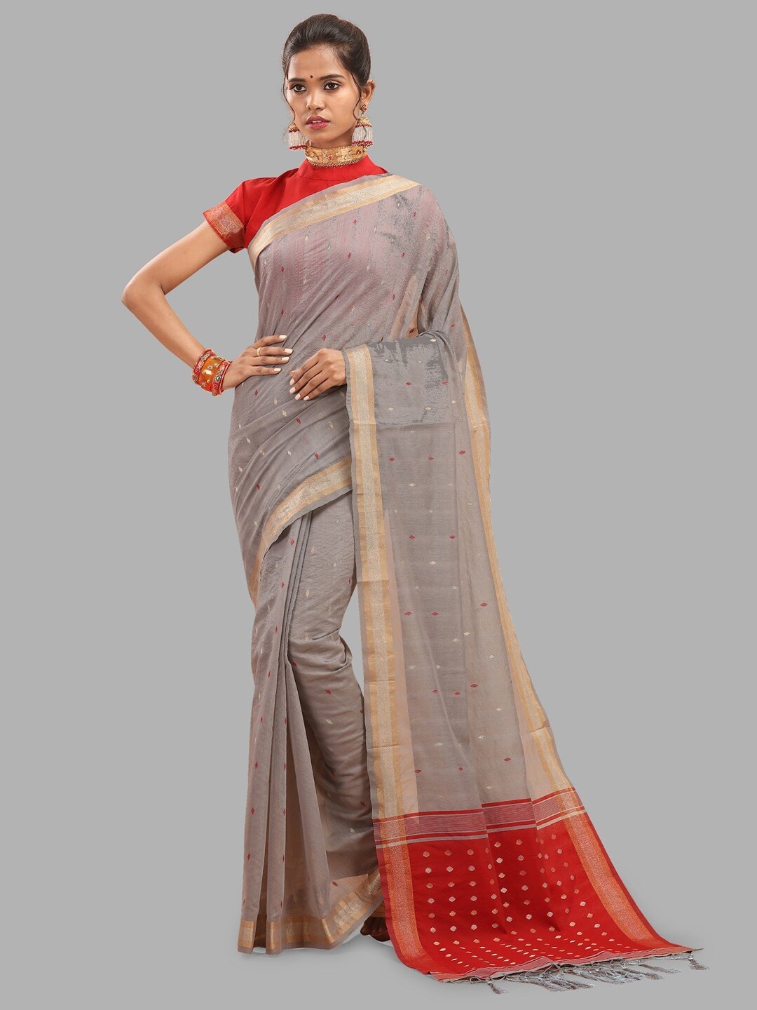 

INsthah Woven Design Zari Silk Cotton Banarasi Saree, Grey