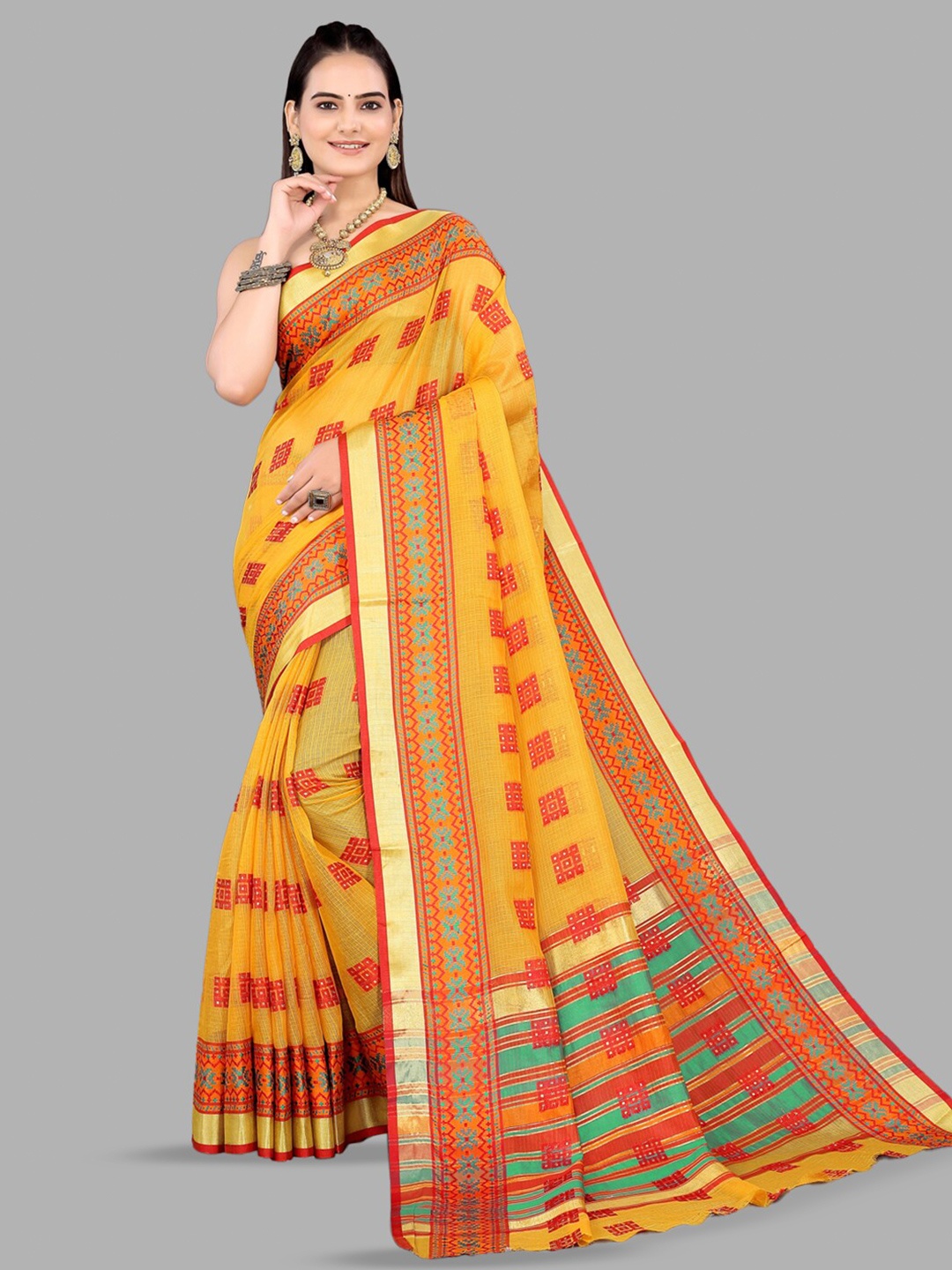 

INsthah Geometric Printed Zari Pure Silk Maheshwari Saree, Mustard