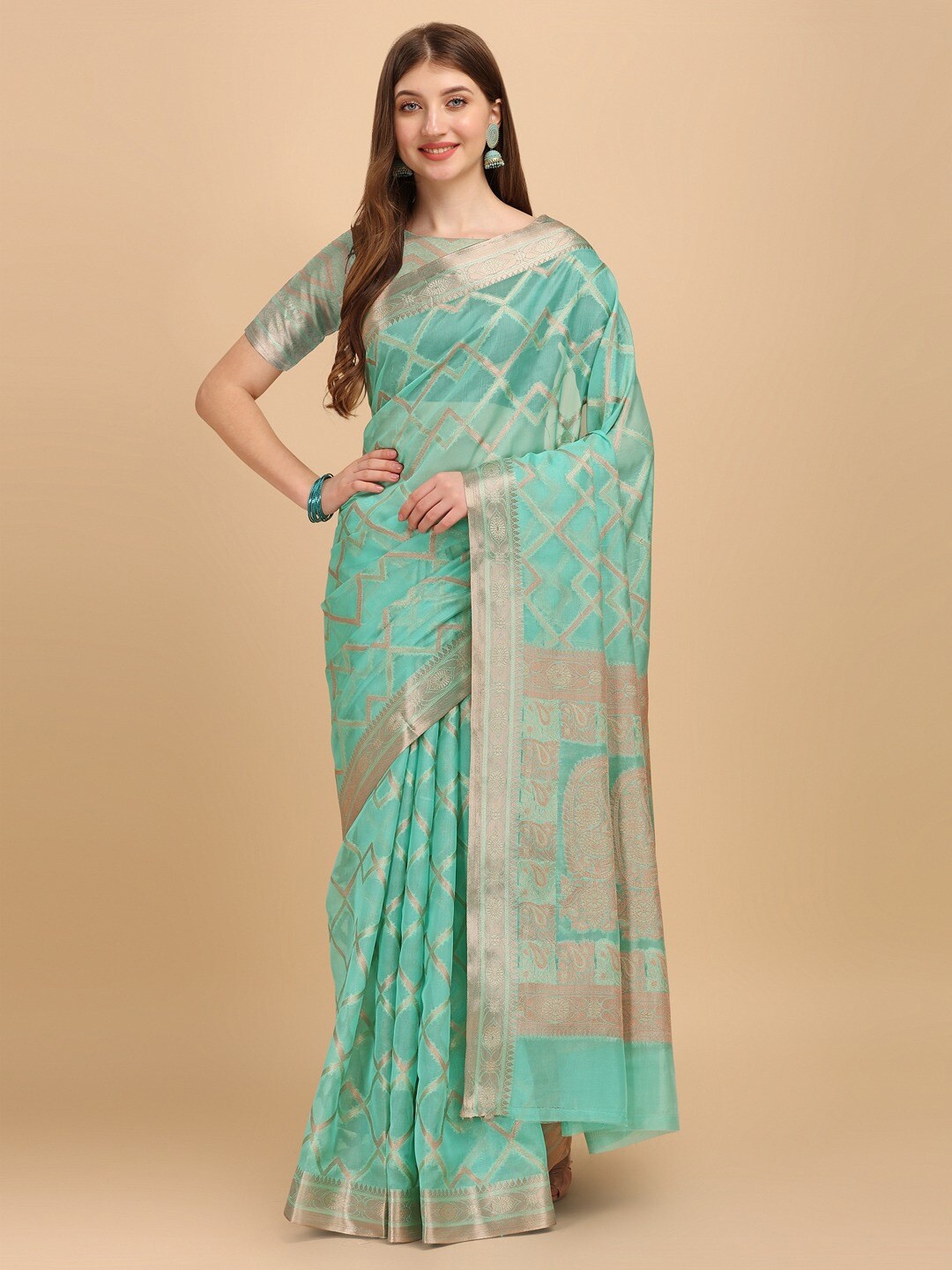 

INsthah Geometric Woven Design Zari Tissue Banarasi Saree, Blue