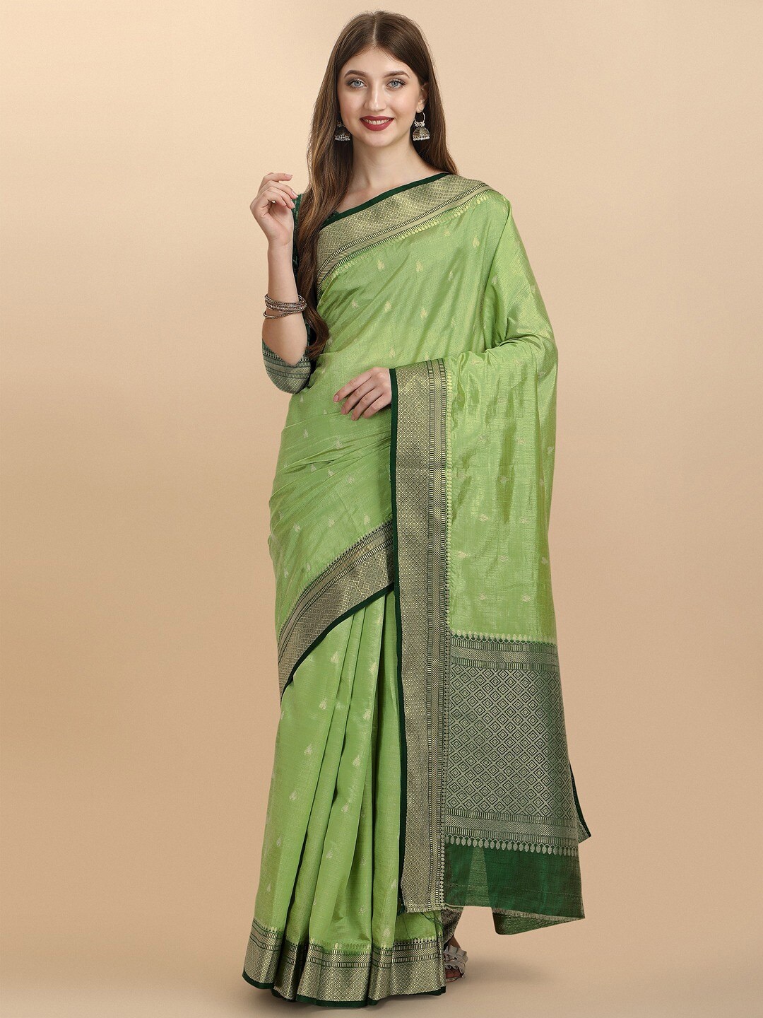 

INsthah Ethnic Motifs Woven Designed Zari Pure Silk Banarasi Saree, Green