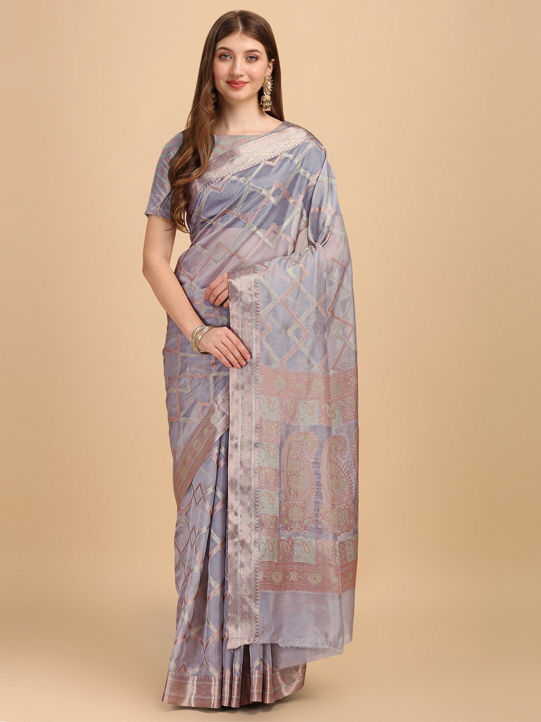 

INsthah Geometric Woven Design Zari Tissue Banarasi Saree, Grey