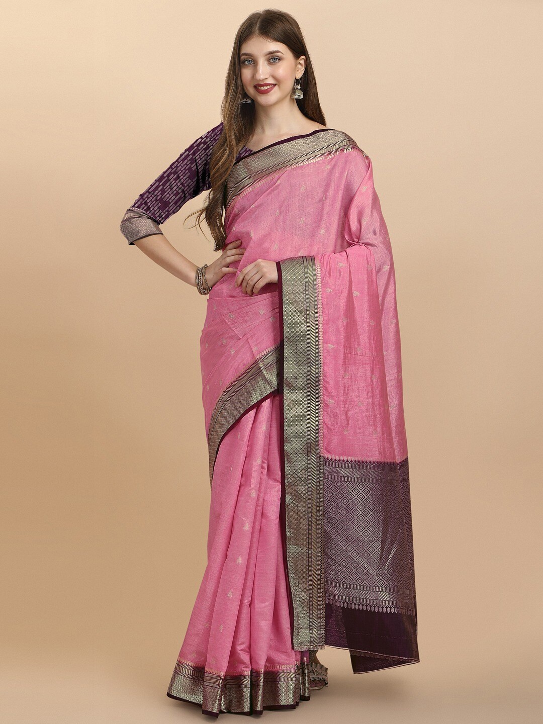 

INsthah Ethnic Motif Woven Design Zari Pure Silk Banarasi Saree, Pink