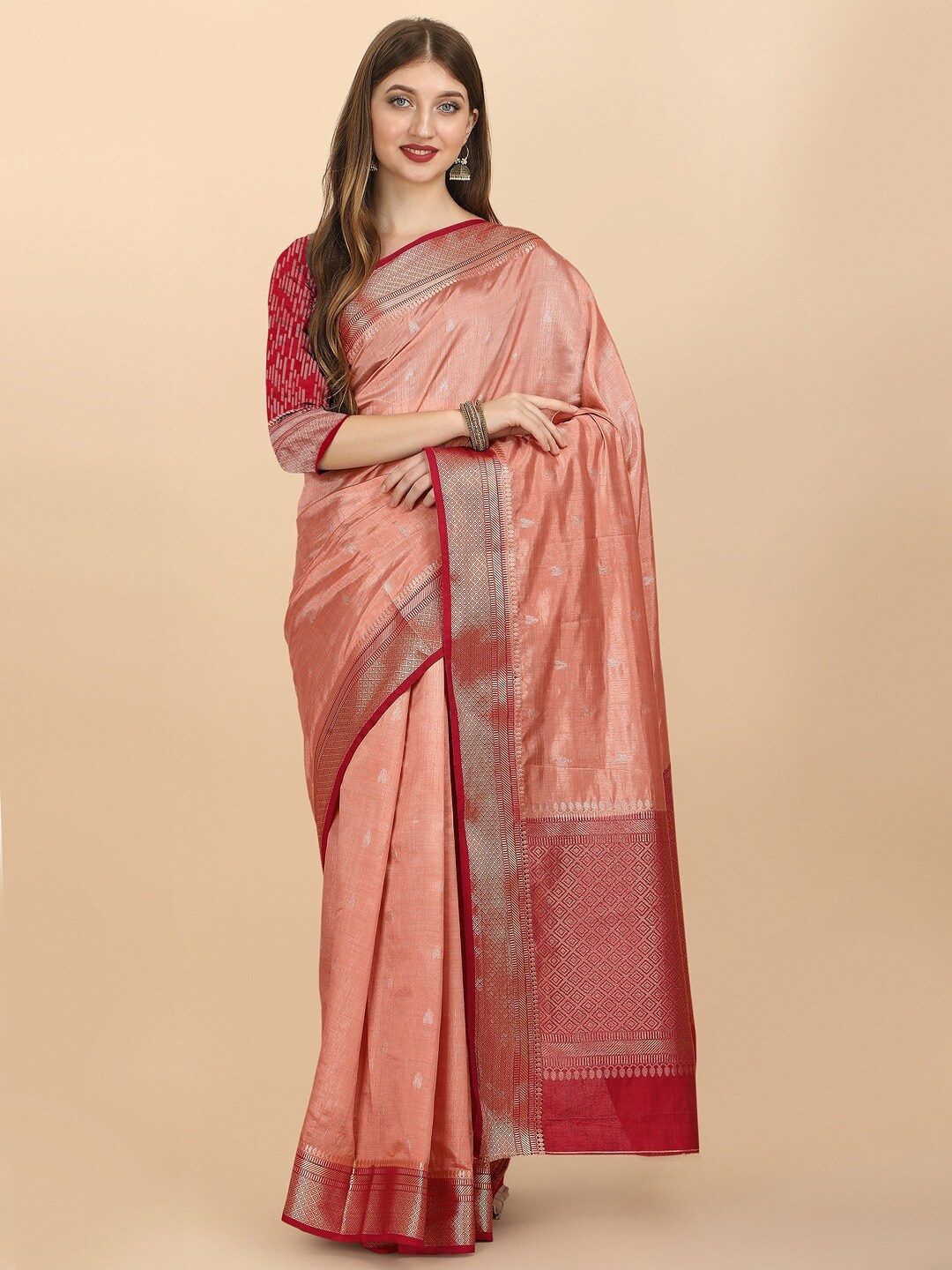 

INsthah Ethnic Motif Woven Design Zari Pure Silk Banarasi Saree, Peach