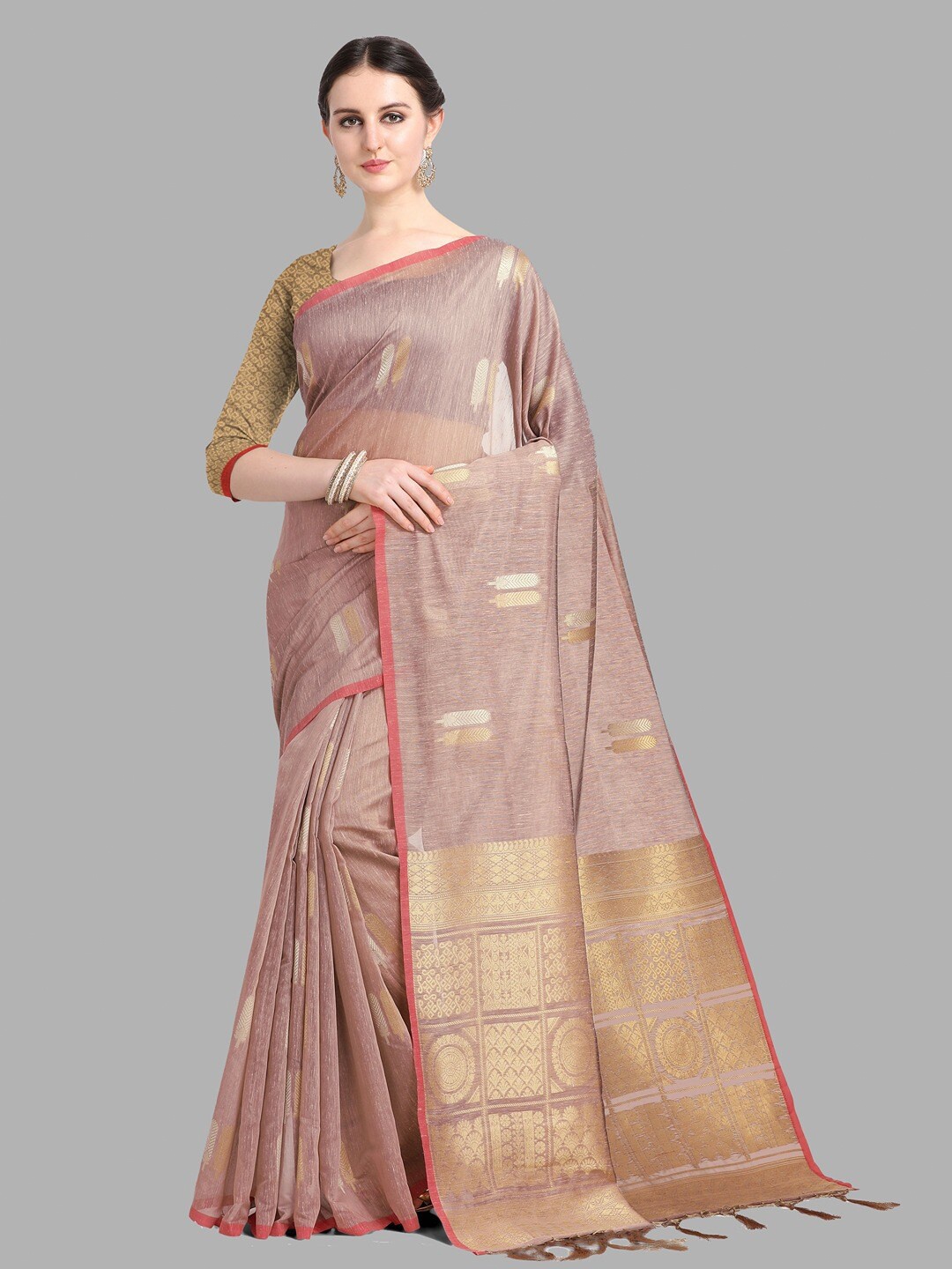 

INsthah Floral Woven Design Zari Pure Linen Banarasi Saree, Pink