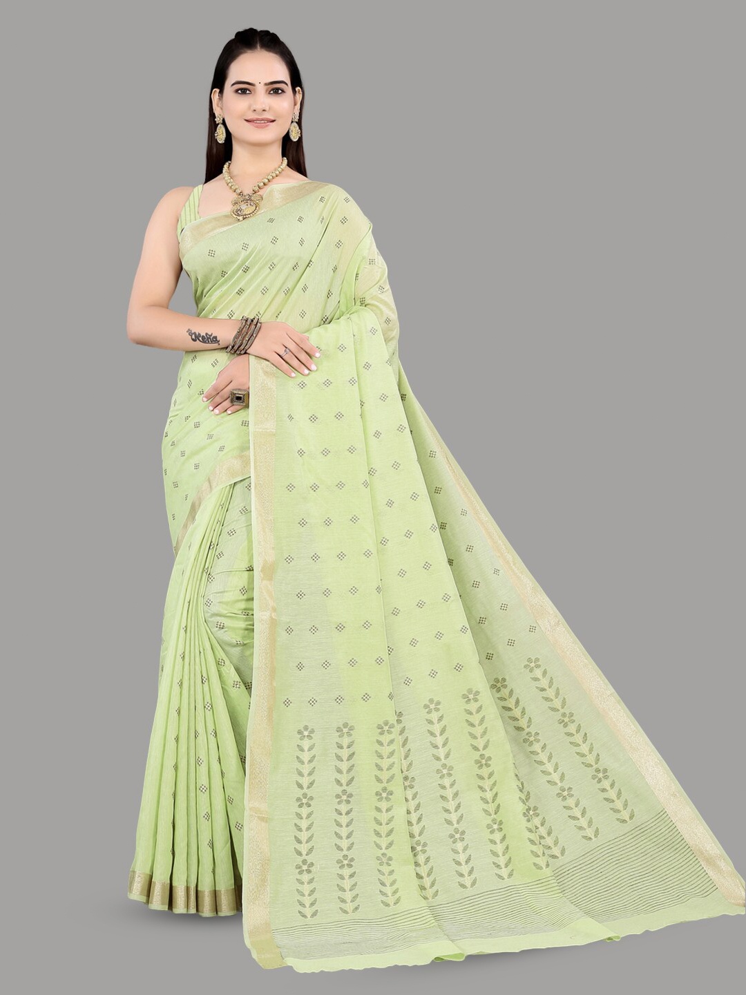 

INsthah Ethnic Motifs Printed Zari Maheshwari Saree, Green