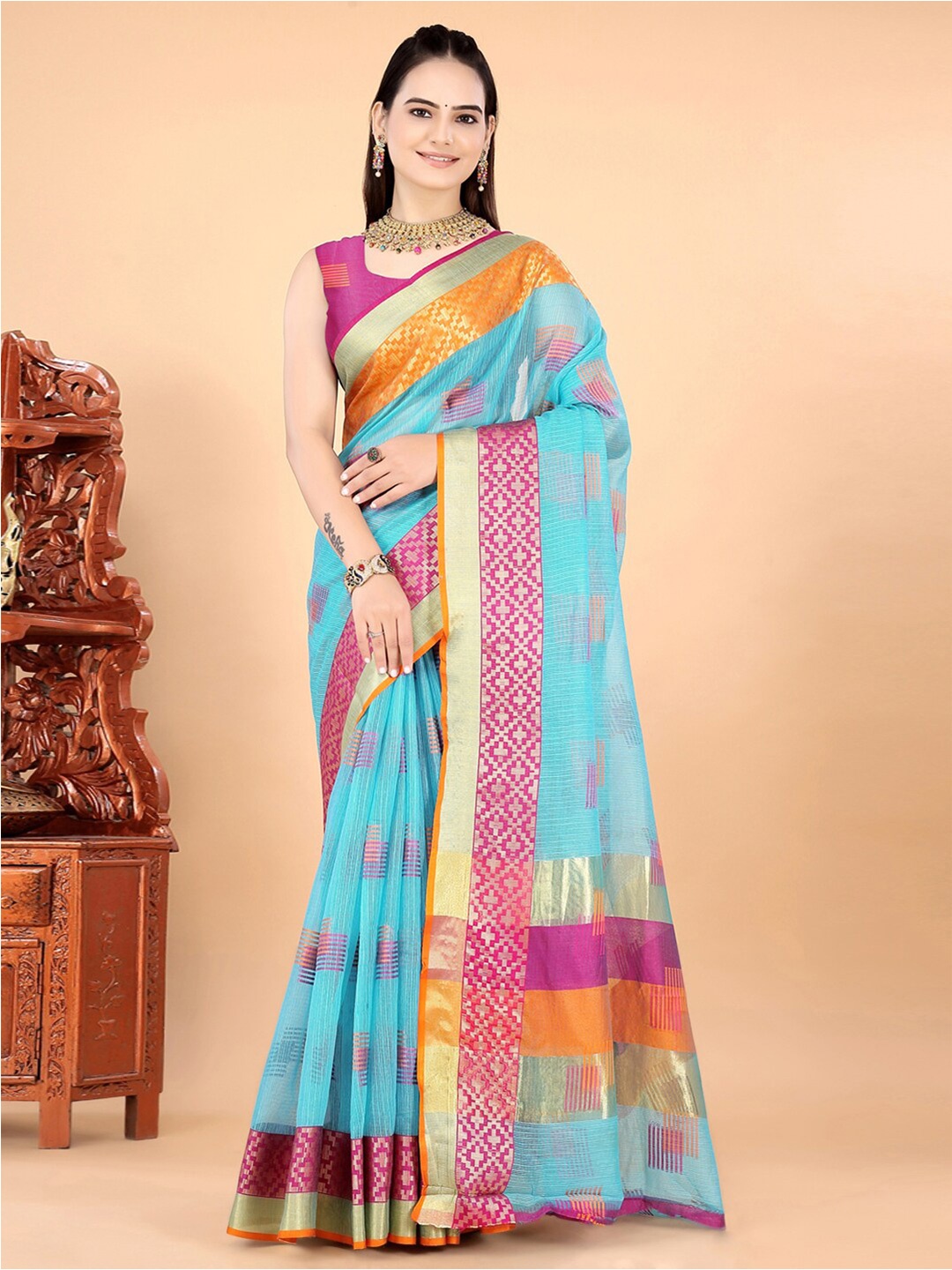 

INsthah Woven Design Zari Pure Silk Maheshwari Saree, Turquoise blue