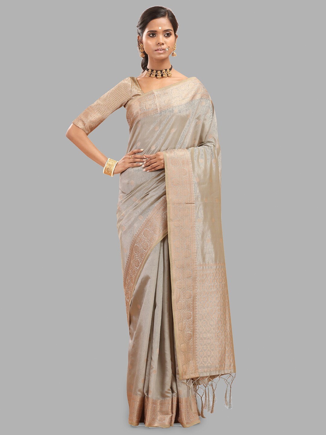 

INsthah Woven Design Zari Pure Silk Banarasi Saree, Grey