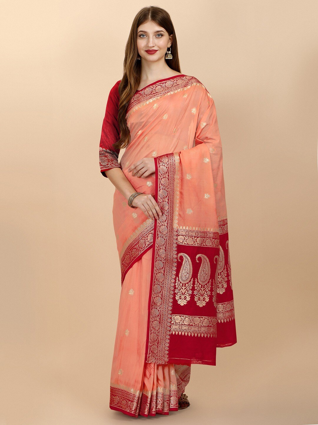 

INsthah Ethnic Motifs Woven Design Zari Pure Crepe Banarasi Saree, Peach