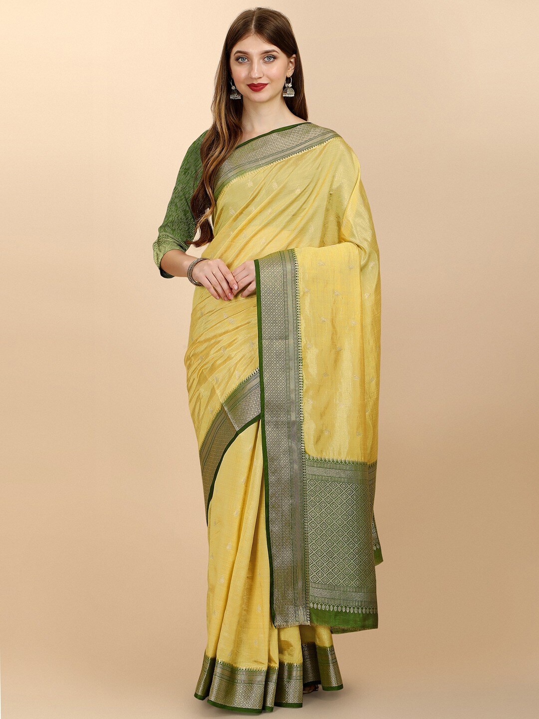 

INsthah Ethnic Motifs Woven Design Zari Pure Silk Saree, Yellow