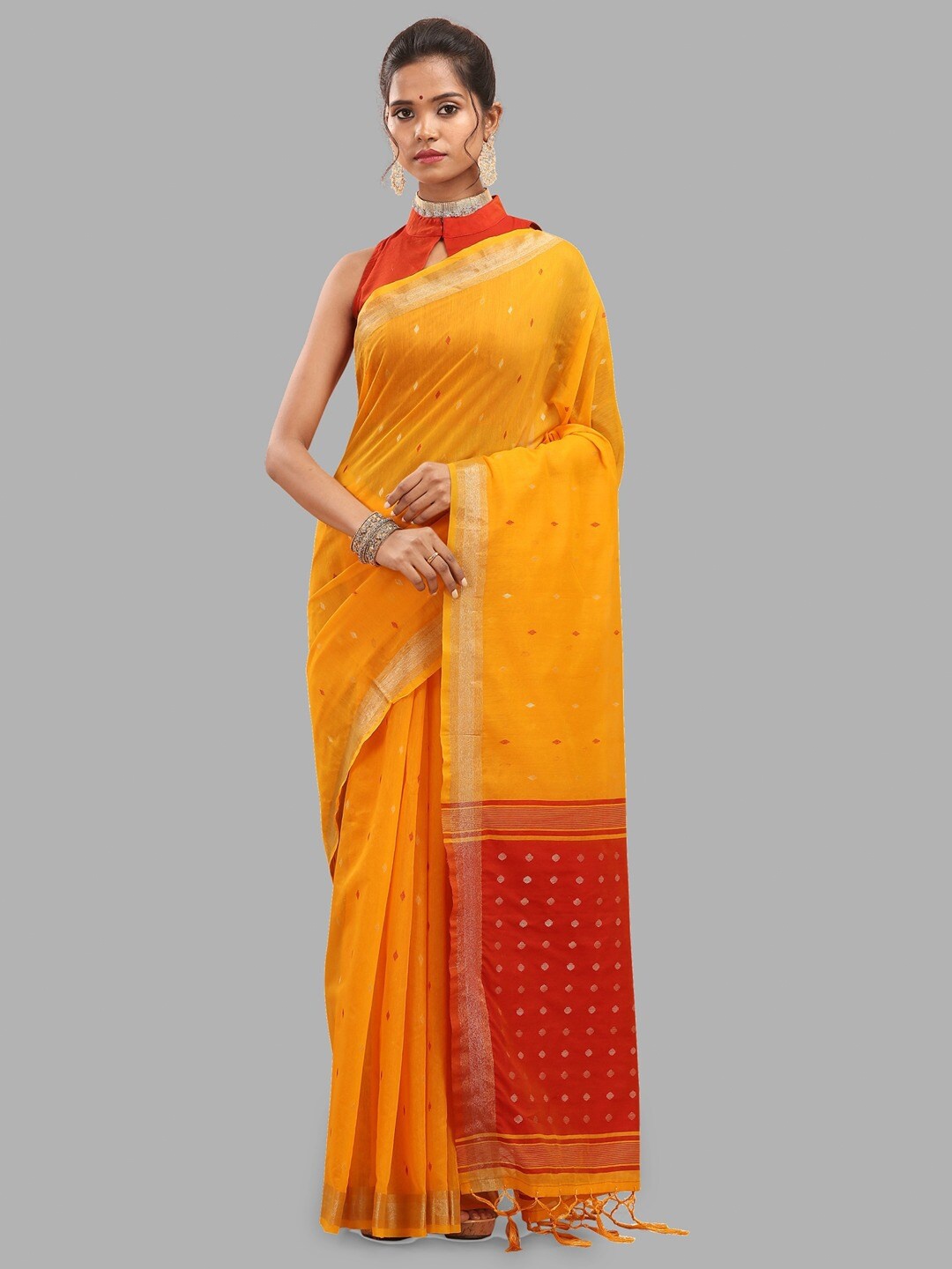 

INsthah Ethnic Motifs Woven Design Zari Silk Cotton Banarasi Saree, Yellow