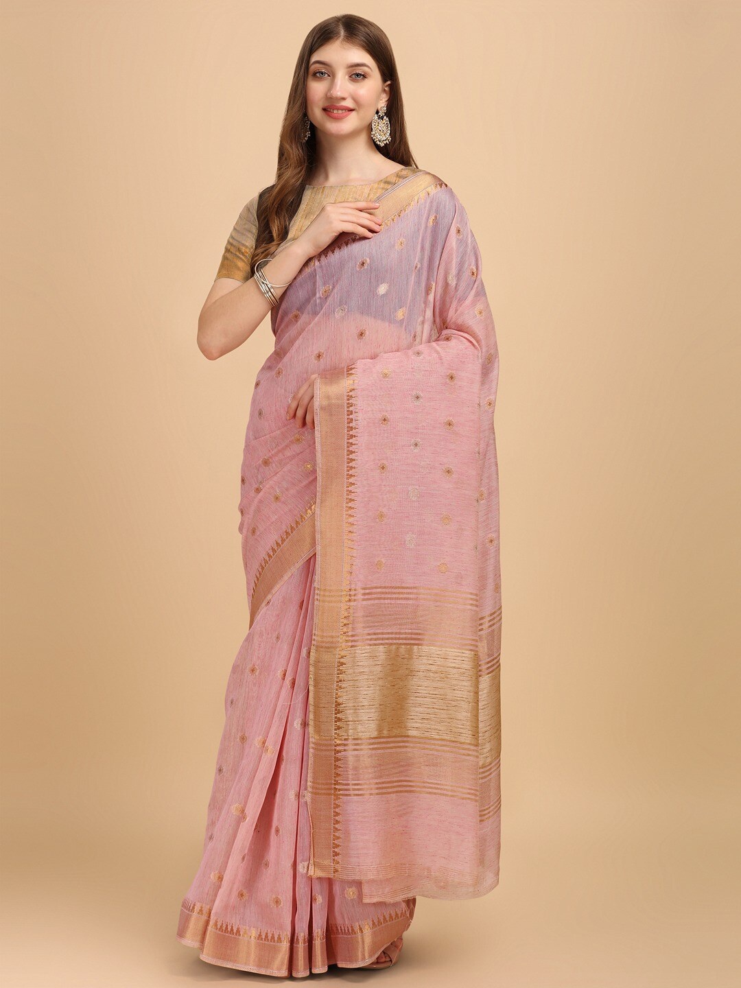 

INsthah Ethnic Motifs Woven Design Zari Pure Linen Banarasi Saree, Pink