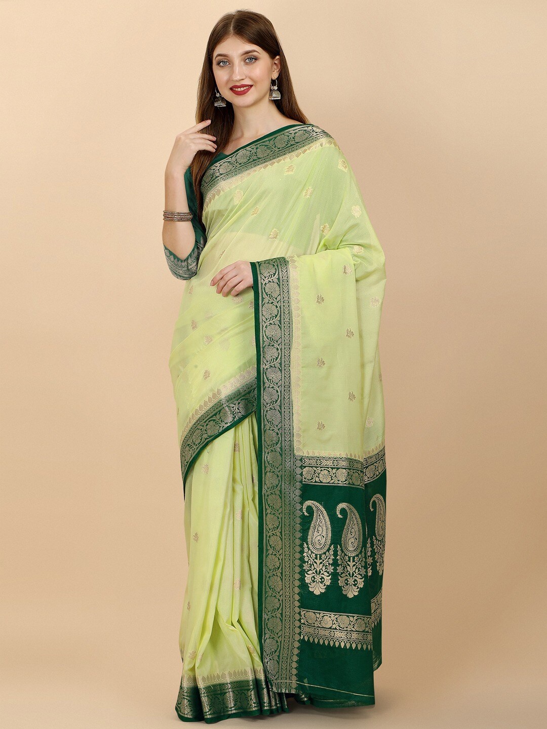 

INsthah Ethnic Motifs Woven Design Zari Pure Crepe Banarasi Saree, Green