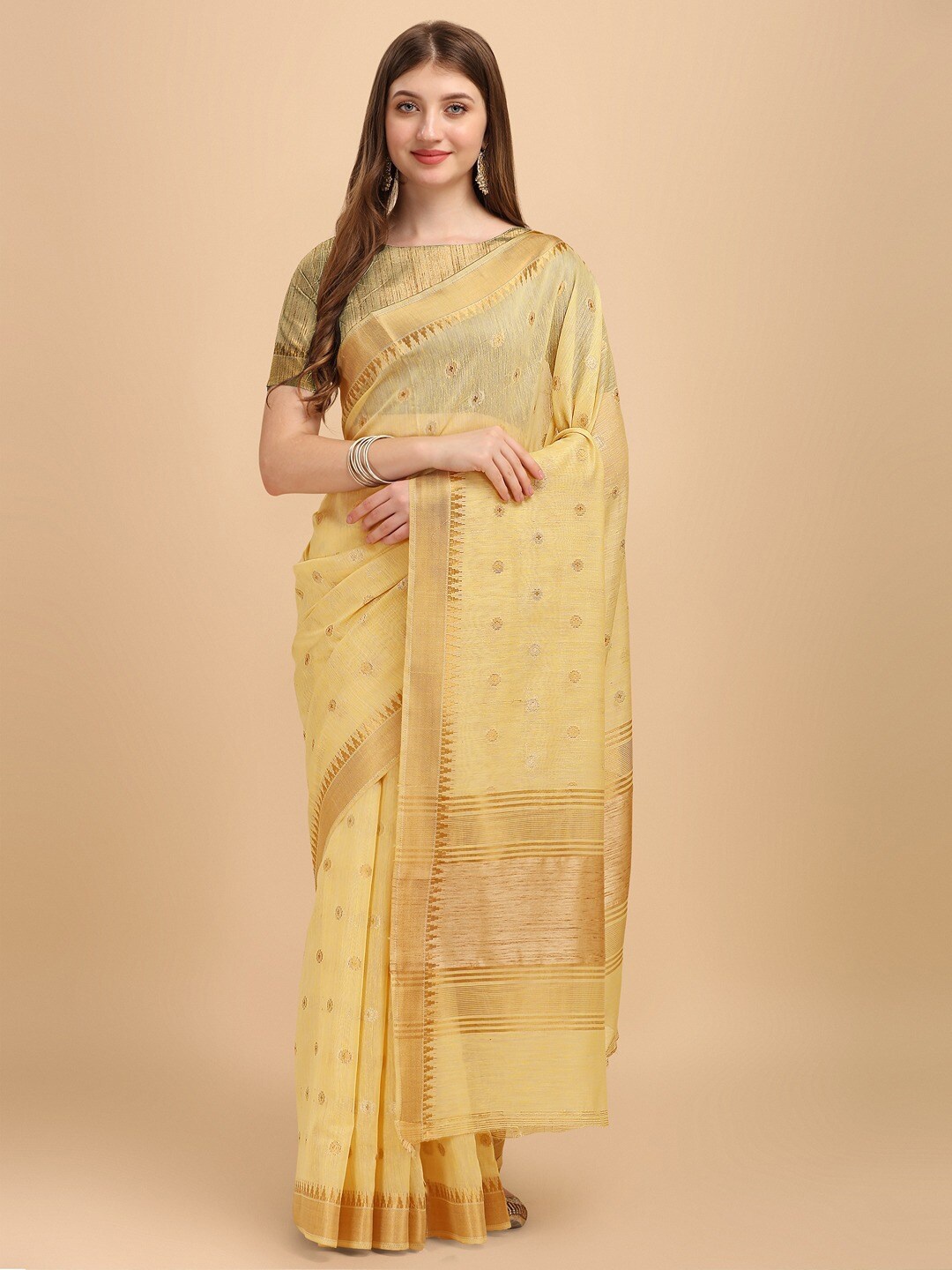 

INsthah Ethnic Motifs Woven Design Zari Pure Linen Banarasi Saree, Yellow