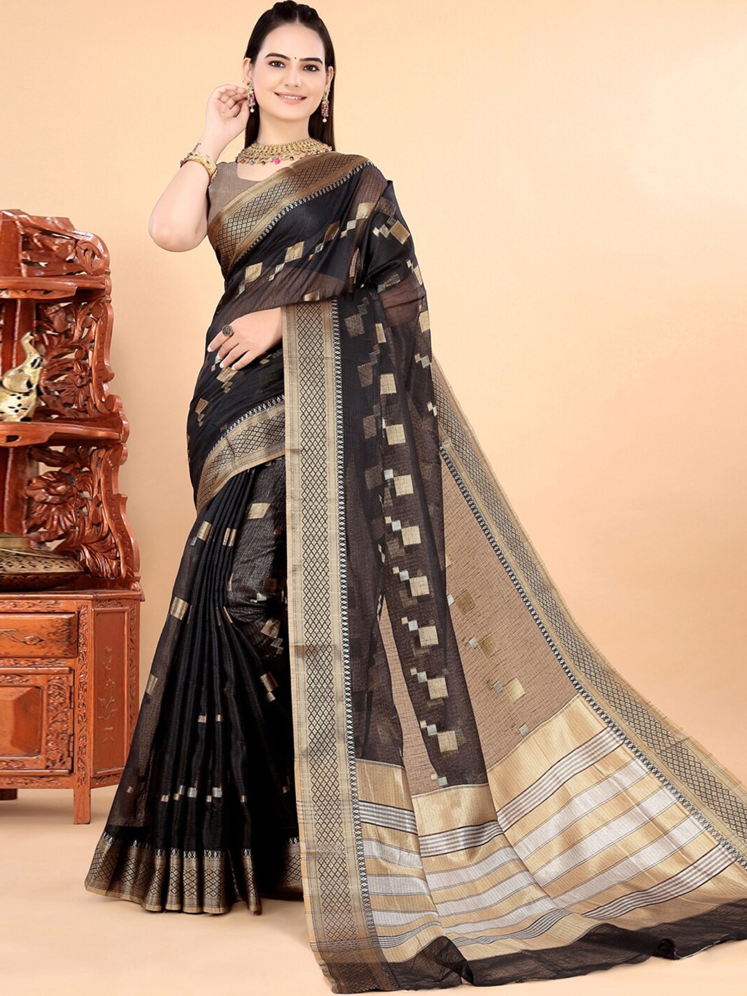 

INsthah Geometric Woven Design Zari Pure Silk Saree, Black