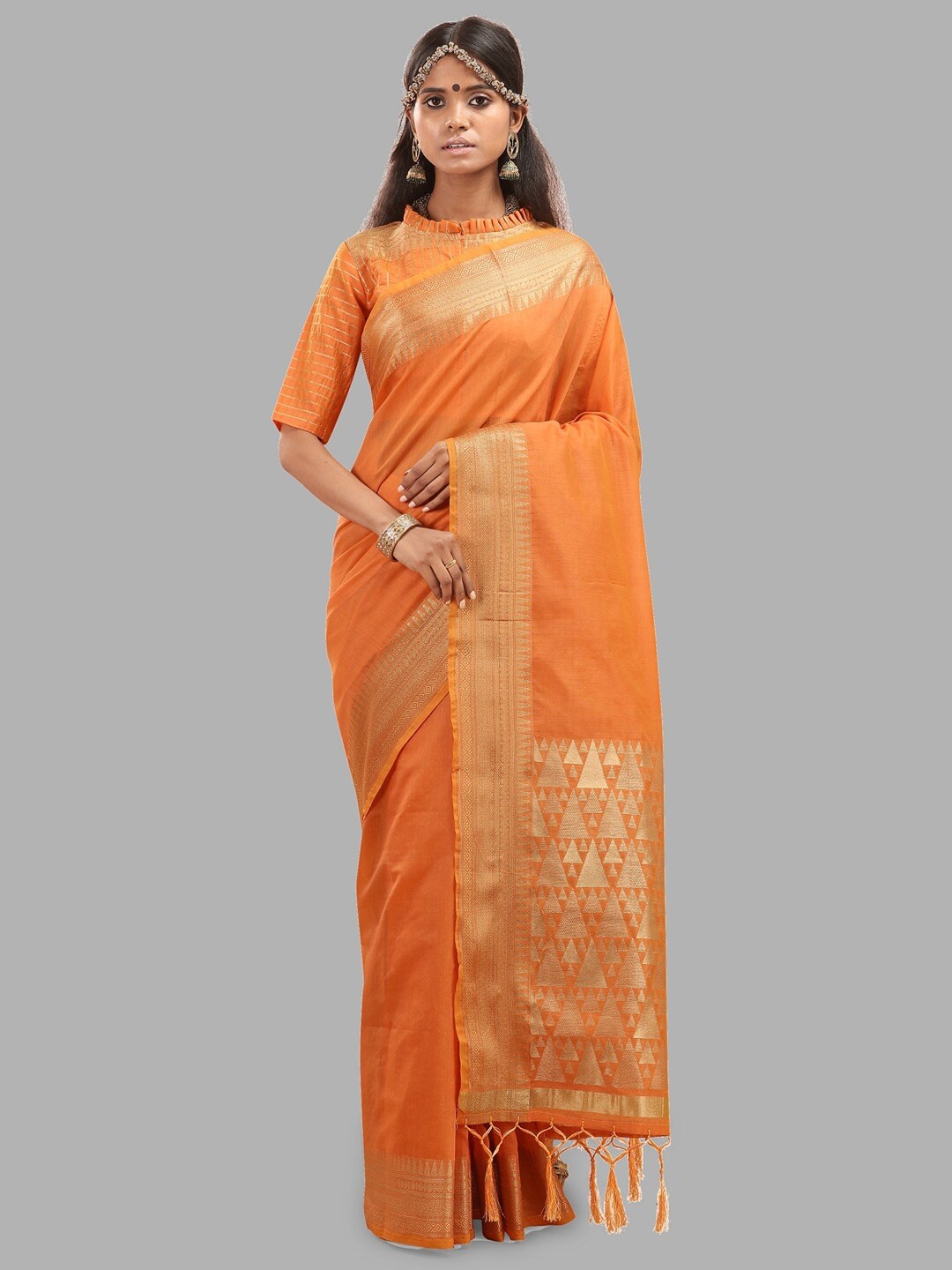 

INsthah Zari Silk Cotton Banarasi Saree, Orange