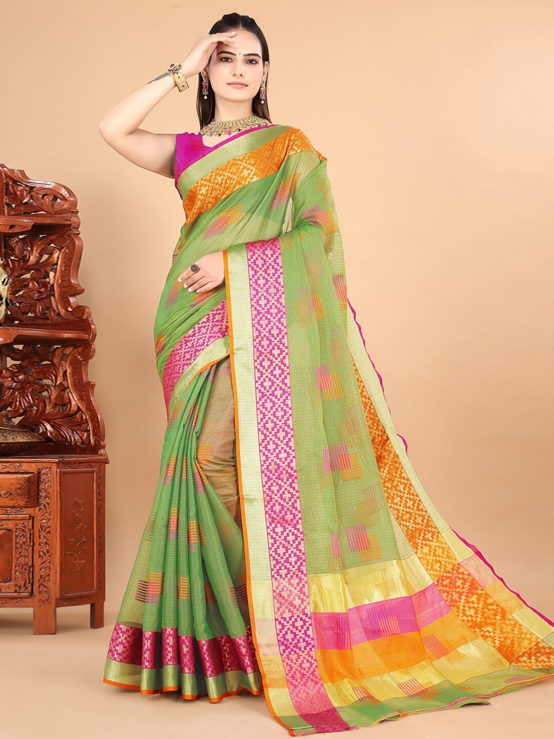 

INsthah Woven Design Zari Pure Silk Maheshwari Saree, Green