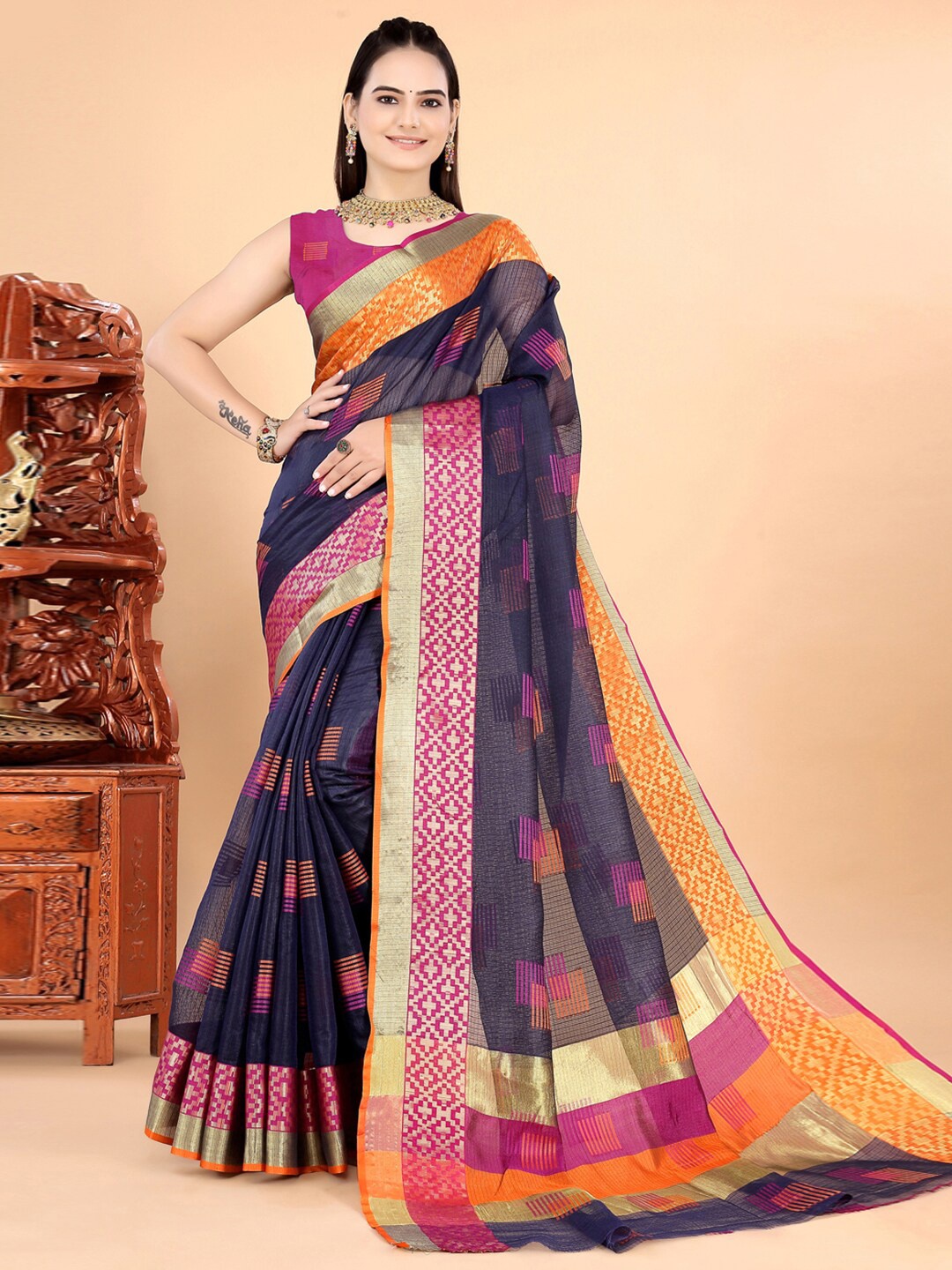 

INsthah Geometric Woven Design Zari Pure Silk Maheshwari Saree, Navy blue