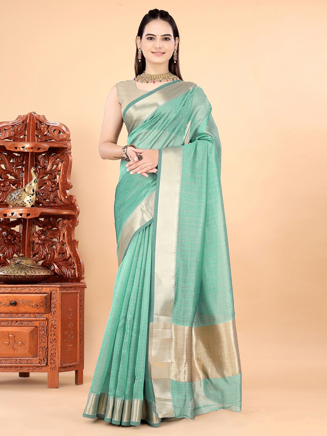 

INsthah Zari Organza Banarasi Saree, Sea green