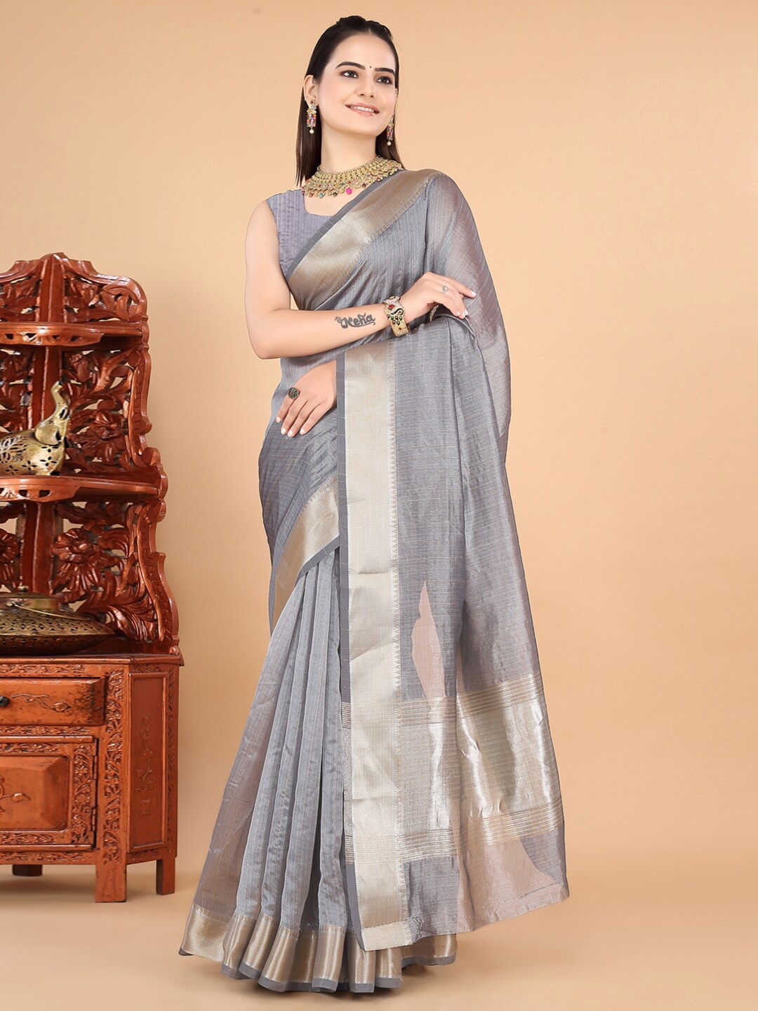 

INsthah Zari Organza Banarasi Saree, Grey