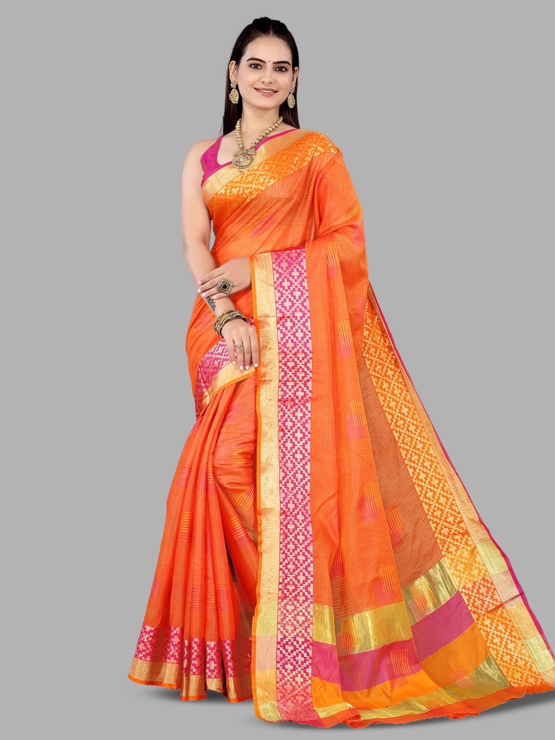 

INsthah Woven Design Zari Pure Silk Maheshwari Saree, Red