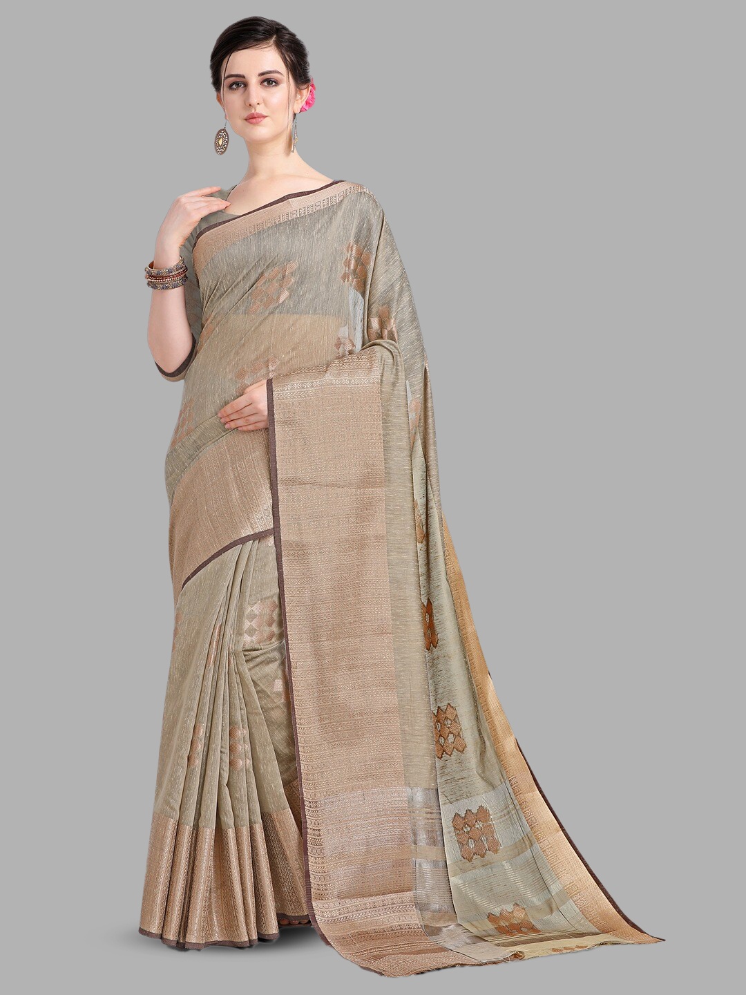 

INsthah Geometric Woven Design Zari Pure Linen Saree, Grey