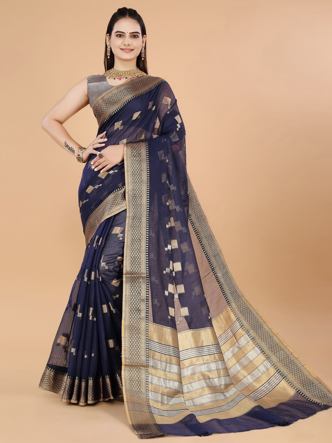 

INsthah Ethnic Motifs Woven Designed Zari Pure Silk Banarasi Saree, Navy blue