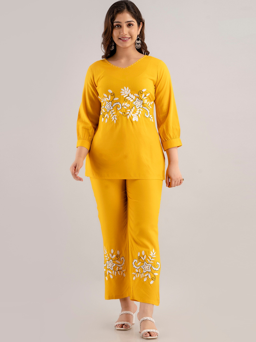 

Charu Embroidered V-Neck Top With Trousers, Mustard