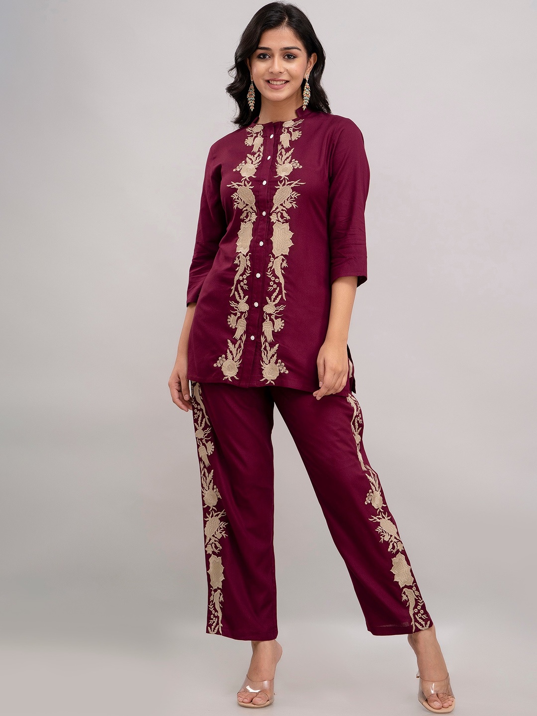 

Charu Embellished Mandarin Collar Tunic With Trousers, Violet