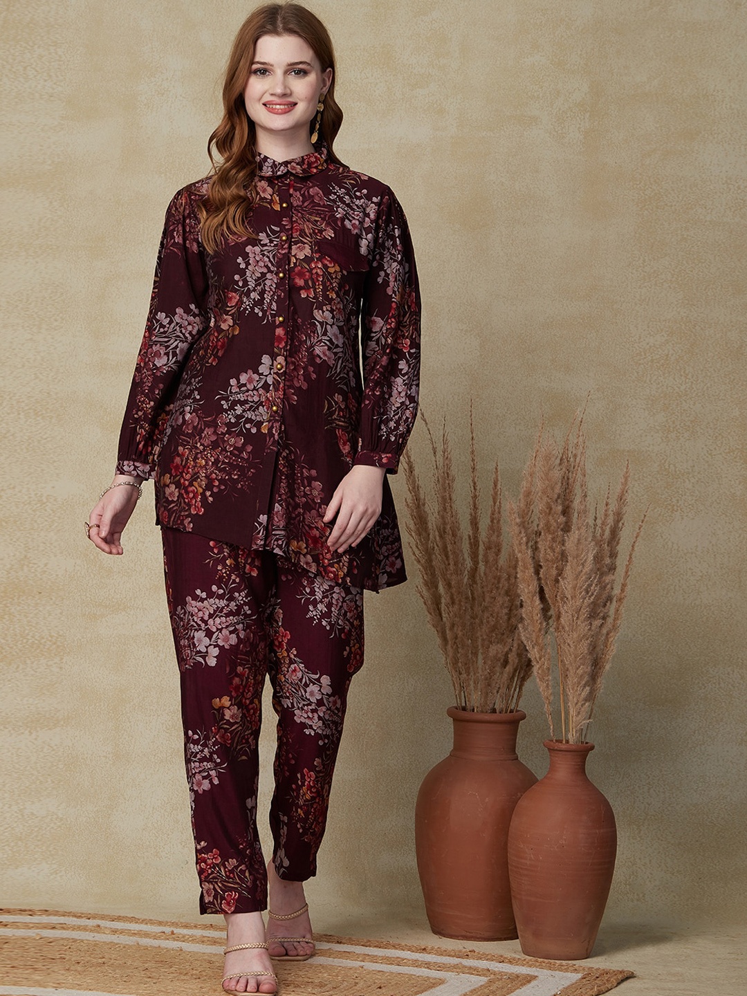 

FASHOR Floral Foil Printed Shirt Collar Tunic With Printed Trousers, Burgundy