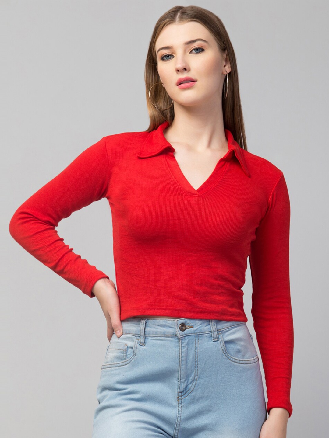 

Trend Level Shirt Collar Cotton Casual Top, Red