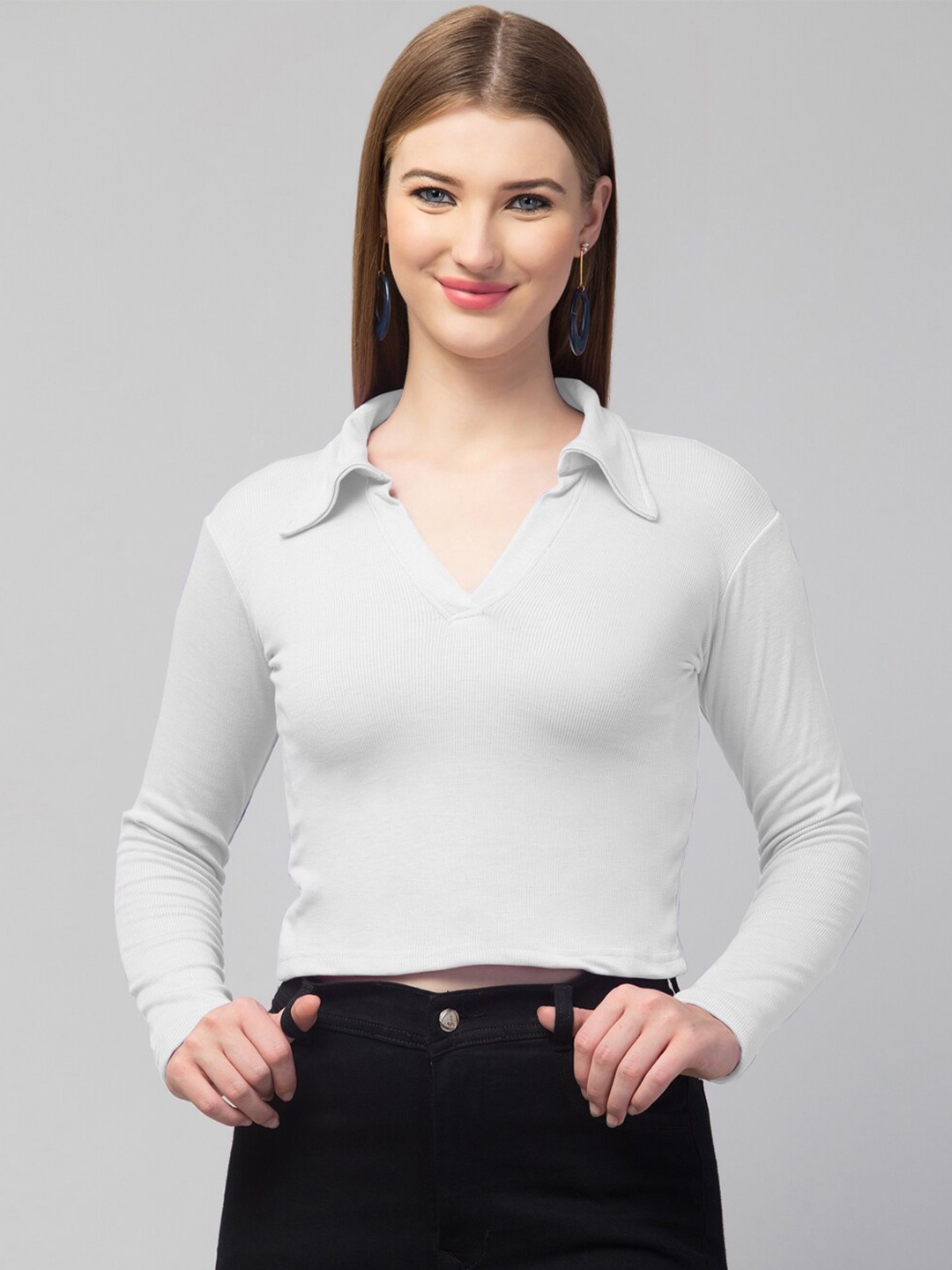 

Trend Level Shirt Collar Fitted Crop Top, Grey