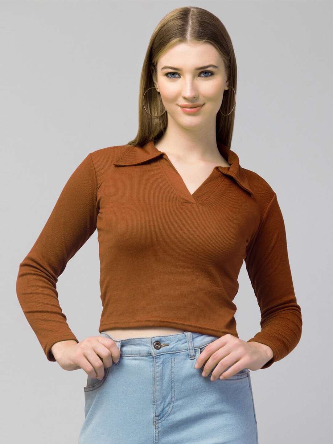 

Trend Level Shirt Collar Fitted Crop Top, Brown