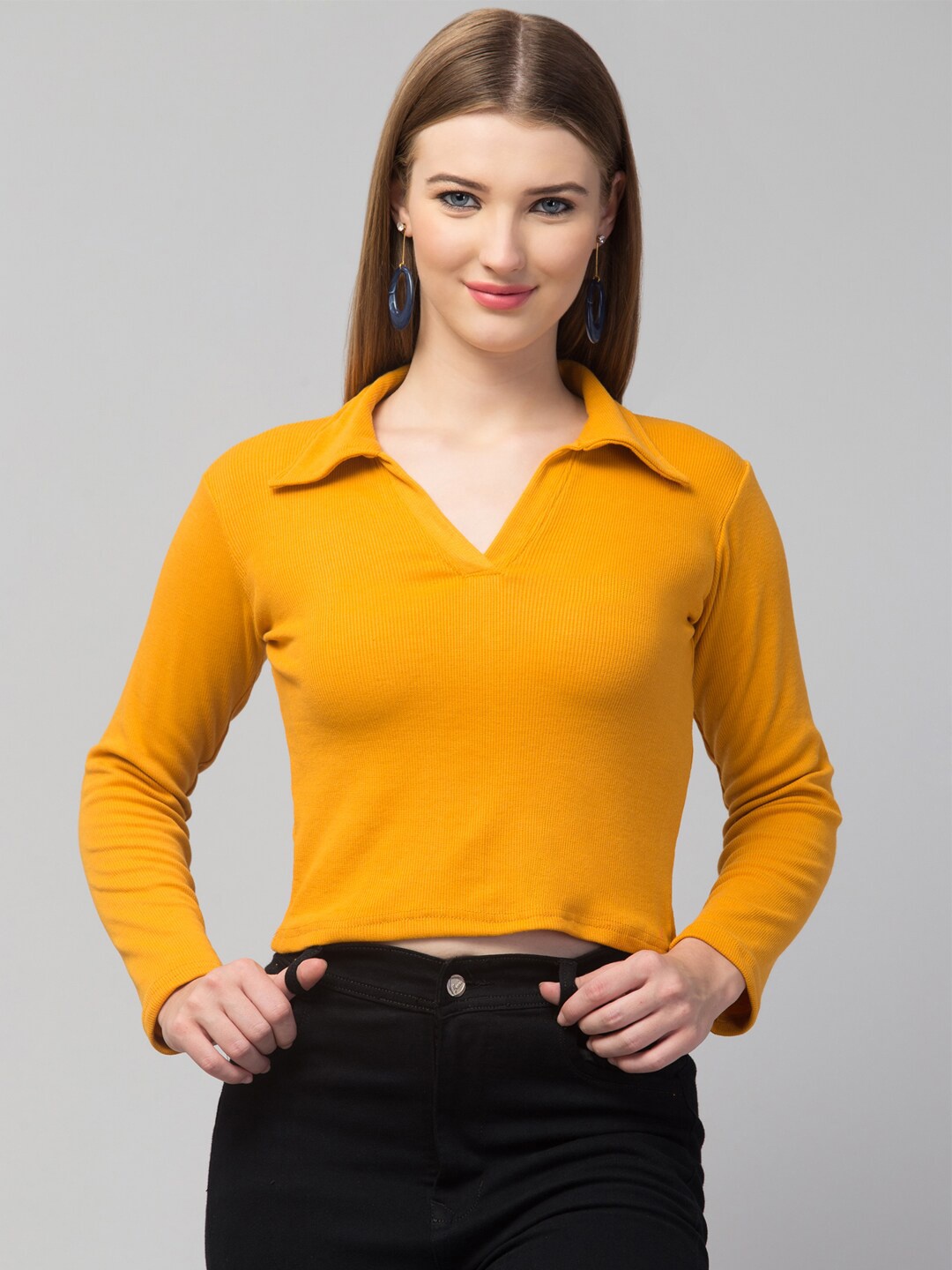 

Trend Level Shirt Collar Fitted Crop Top, Mustard