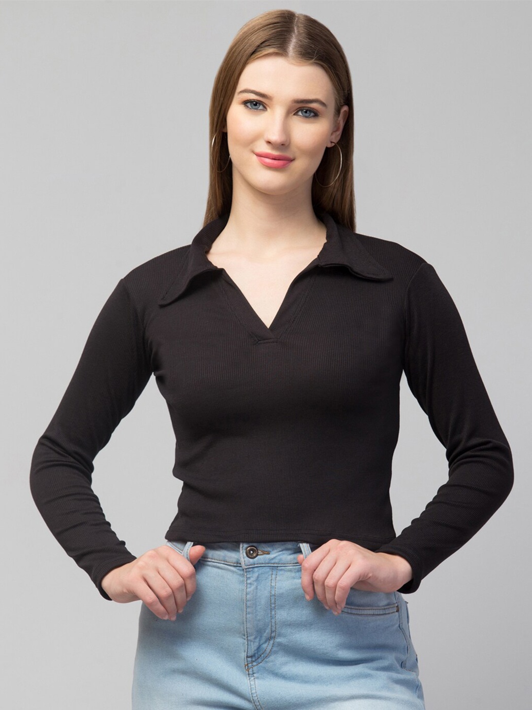 

Trend Level Shirt Collar Fitted Crop Top, Black