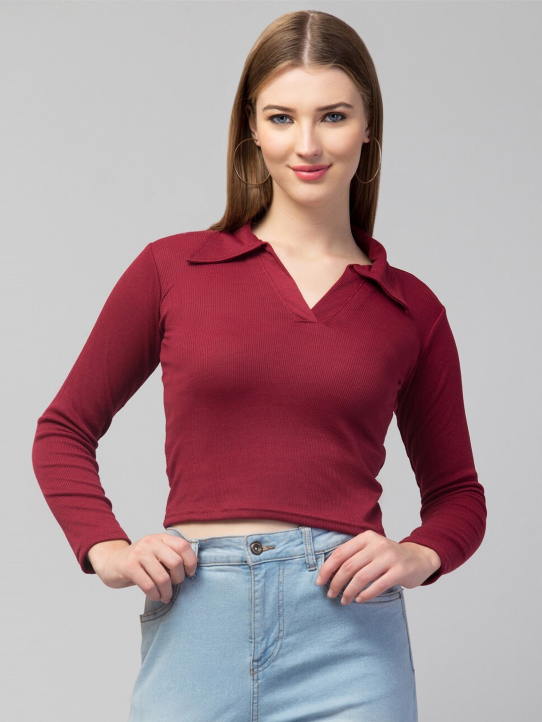 

Trend Level Shirt Collar Ribbed Fitted Crop Top, Maroon