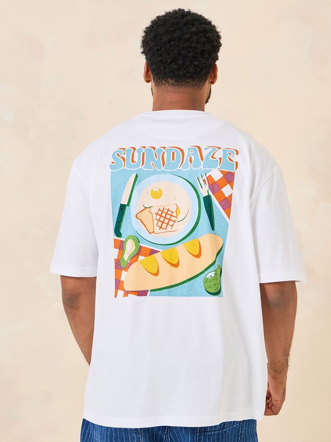 

Styli Men Breakfast Graphic Compact Cotton Jersey Oversize Fit Tshirts, White